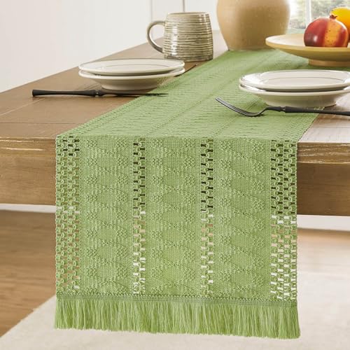 ZeeMart Macrame Style Table Runner with Short Tassels, 12x72 Inch Green, Farmhouse Table Runners 72 Inches Long, Boho Woven Home Decor