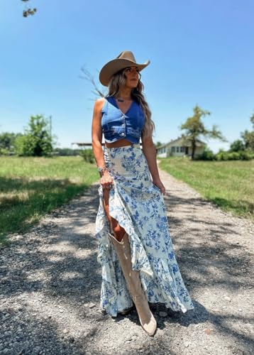 THLAI Womens Skirt Maxi Skirt Floral Print Pleated Split Summer Daily Skirt3