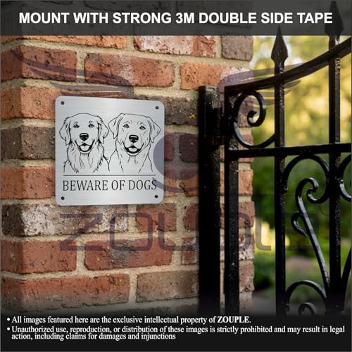 Image of Beware of Dog Sign, Labrador & Golden Retriever, 8x8 Inch, Durable Steel, Triple Mount