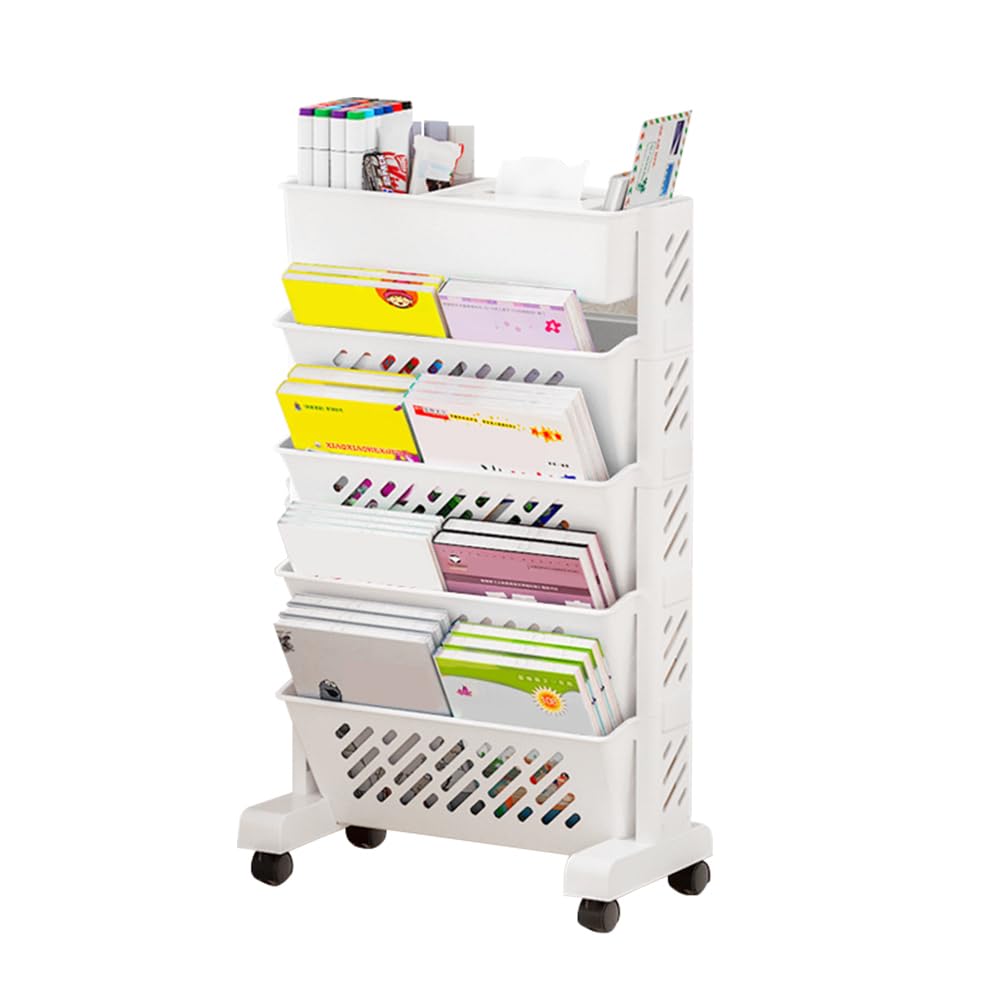 LANSKYLAN Chariot à roulettes Plastique, Chariot Bibliothèque Mobile, Desserte Roulante à 5 Niveaux, Étagère Rangement Roulette Blanche, Chariot à Livres Gain de Place, pour Chambre Bureau Cuisine