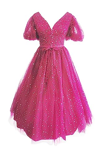 Xijun Women's Sparkle Starry Tulle A Line Puffy Sleeve Prom Dresses with Slit Formal Evening Party Gowns