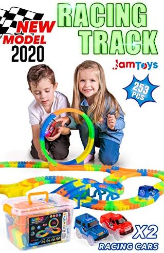 JAMTOYS Glowing Slot Car Race Track Set for Boys and Girls - Glow in The Dark Car Tracks for Kid with Large Sturdy Storage Box - Great Birthday Idea (253-Pieces)