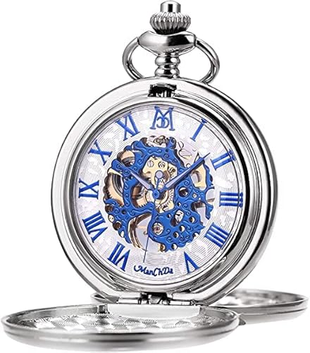 ManChDa Reloj de Bolsillo para Hombres con Cadena Relojes de Bolsillo Mecánicos Grabado Steampunk Esqueleto Números Romanos Cuerda Manual Reloj de Bolsillo para Hombres Plata