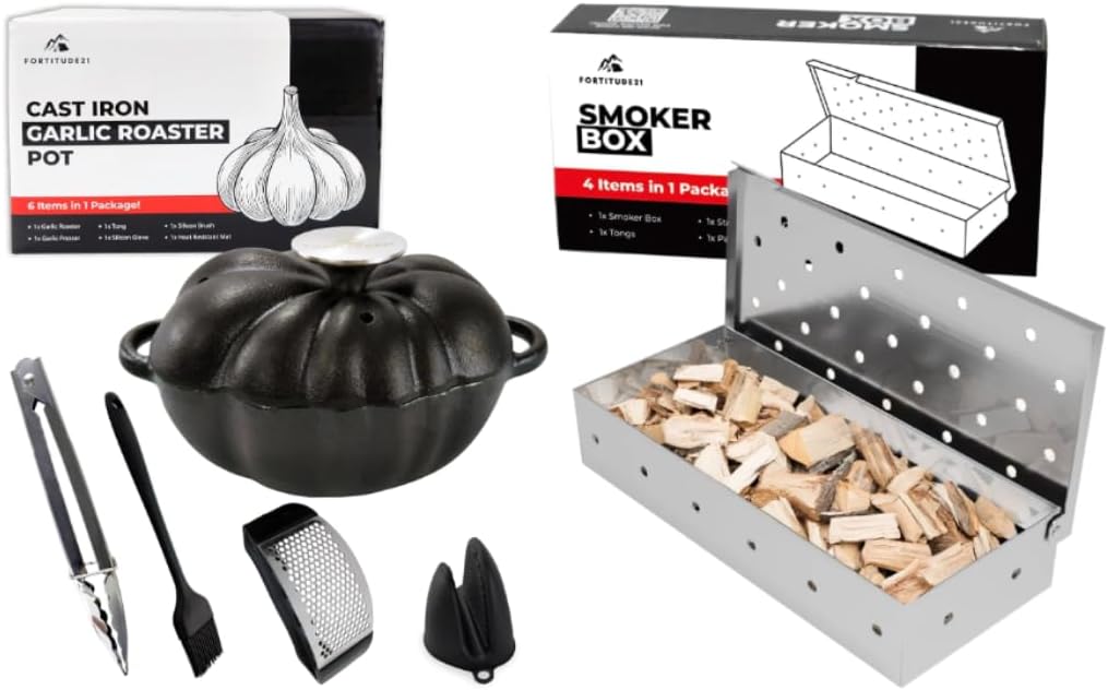 Ultimate BBQ & Garlic Roasting Kit – Stainless Steel Smoker Box + Cast Iron Garlic Roaster for Gas, Charcoal & Pellet Grills – Infuse Rich Smoky Flavor & Roast Gourmet Garlic Easily