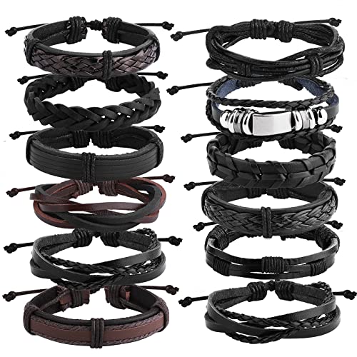 12 Pezzi Bracciali Pelle Intrecciata Uomo Braccialetto per Polsini da Donna Bracialete Nero Marrone Braccialetti Larghi in Pelle Intrecciata Bracciale Uomo Corda Regalo Amico