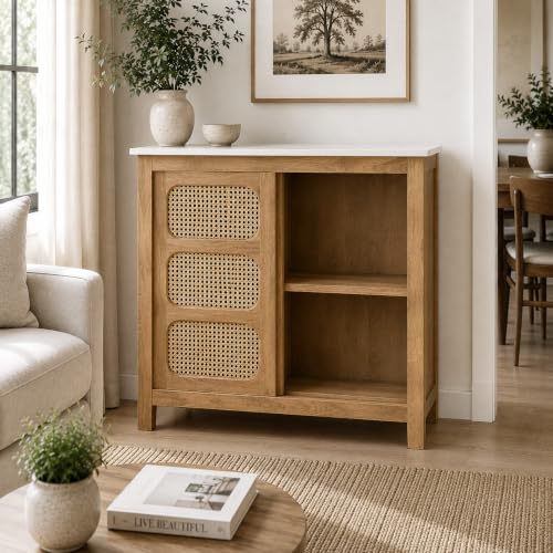 Image of The Attic Crestwood Sliding Doors Kitchen Cabinet, Multipurpose Cabinet for Bedroom Living Room Study bar, Solid Wood Bookshelf Kitchen Cabinet, Light Teak Matte Finish Cane