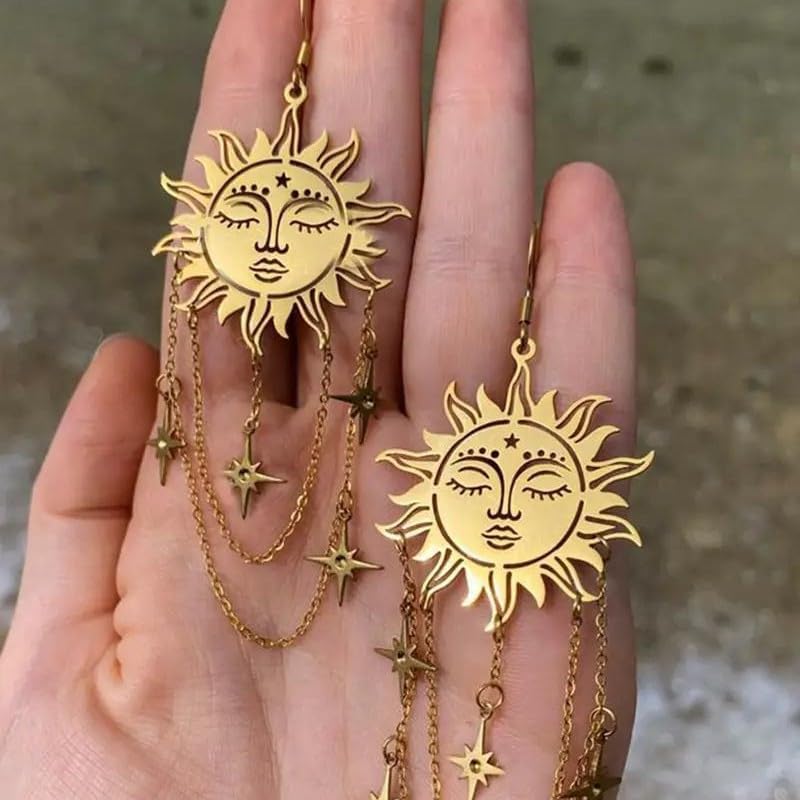 Gold Sun Moon Star Dangle Earrings for Women Bohemian Celestial Crescent Star Crystal Dangle Drop Earrings Vintage Sun Chain Tassel Earrings Gothic Halloween Christmas Party Jewelry - Image 2