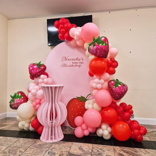Image of Strawberry Balloons Garland Arch Kit 163pcs with 27 inch Strawberry Foil Balloons, Red and Pink white Balloons for Sweet Girl Berry First Birthday Themed Baby Shower Strawberry Party Decorations