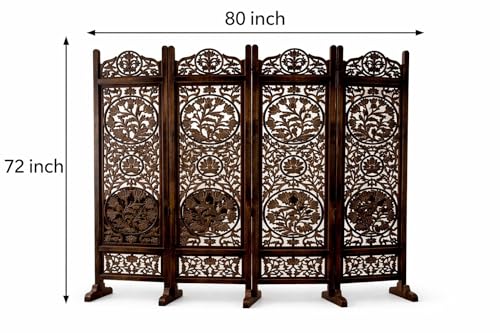 Image of Wooden Room Divider Decorative Foldable Privacy Screen Hand Carved Partition for Living Room Bedroom Office Decor (6 Feet 4 Panel Brown with Stand Each Panel Size 72X20 Inch)