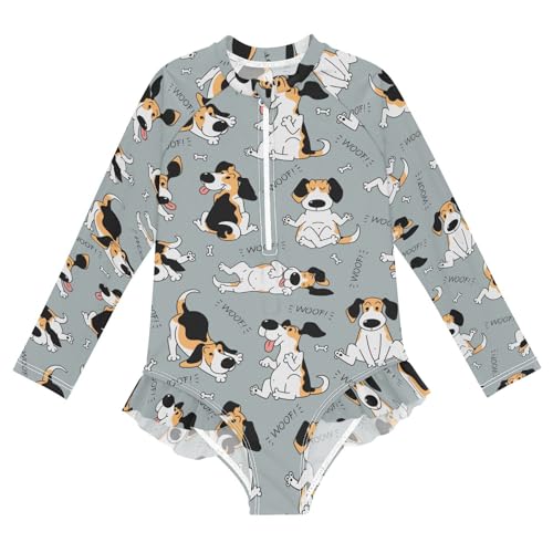 JHKKU Girls Long Sleeve Beagle Dog Swimsuit One Piece Zipper Rash Guard Bathing Suit with UPF 50+ Sun Protection Ruffle Swimwear 4T