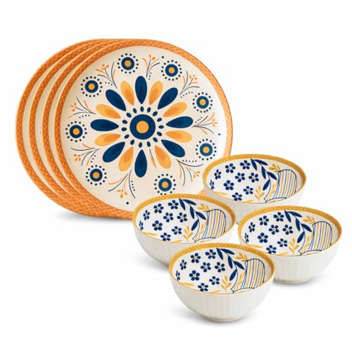 Image of Yelona Ceramic Dinner Set of 8 (4 Plates & 4 Bowls) for Snacks, Rotis, Pasta, Salads & Everyday Meals - Handcrafted Porcelain with Floral Design | Microwave & Dishwasher Safe Dinnerware (Abstract)