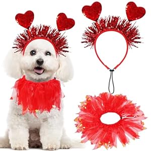 GOYOSWA Dog Valentines Outfit, Dog Valentine’s Day Clothes Headband Collar with Ribbons Holiday Costumes for Small Medium Large Dogs (Red Heart)