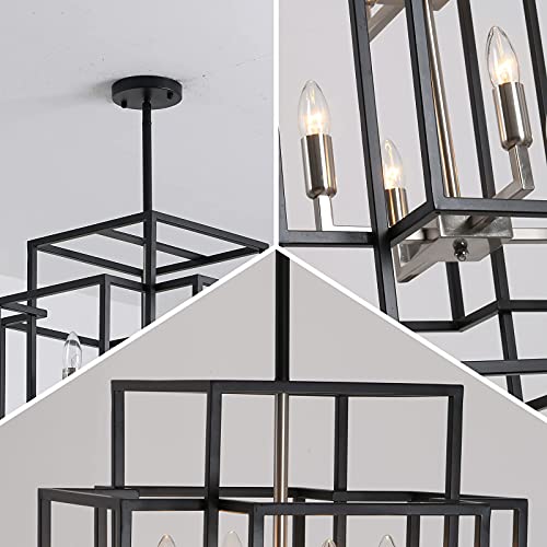 J&E Home 12-Light Lantern Tiered Pendant Light Fixtures,Island Light,Hall Foyer Hanging Chandelier,Wrought Iron Finish For Kitchen Island Farmhouse Entryway Brushed Nickel, Black Grey #TOP2