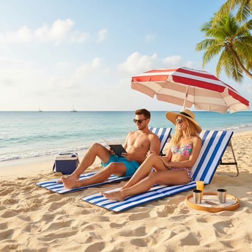 DoubleFill 2 Pcs Portable Beach Lounge Chairs Lightweight Beach Lounger for Adults Foldable Chair with Adjustable Backrest and Zipper Pocket Soft Mat Chair for Travel Tanning Sunbathing by DoubleFill - Used condition - Image 7
