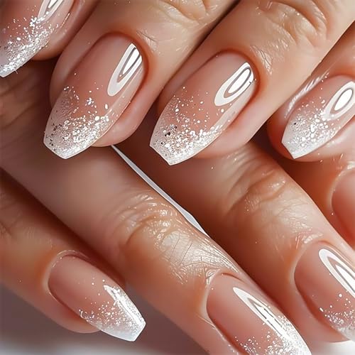 Silver Glitter French Tip Press on Nails Medium Coffin Fake Nails...