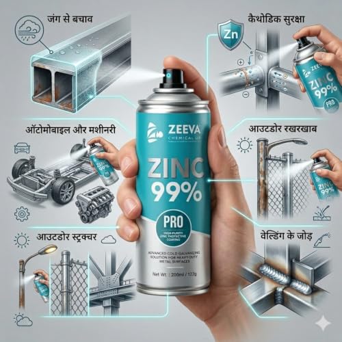 Image of ZEEVA 99% Zinc Acrylic Spray Paint| Cold Galvanizing Spray | Anti-Rust Zinc Coating | Excellent Anticorrosive Protection | Heat & Weld Resistant | Fast Dry | Metal, Auto, Industrial Use (200ml)