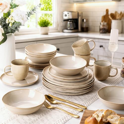 Image of AmorArc Ceramic Dinnerware Sets for 8, 24Pcs Plates and Bowls Sets Dishes | Stoneware Handmade Reactive Glaze Dinner Set, Highly Scratch Resistant | Dishwasher & Microwave Safe Dishware