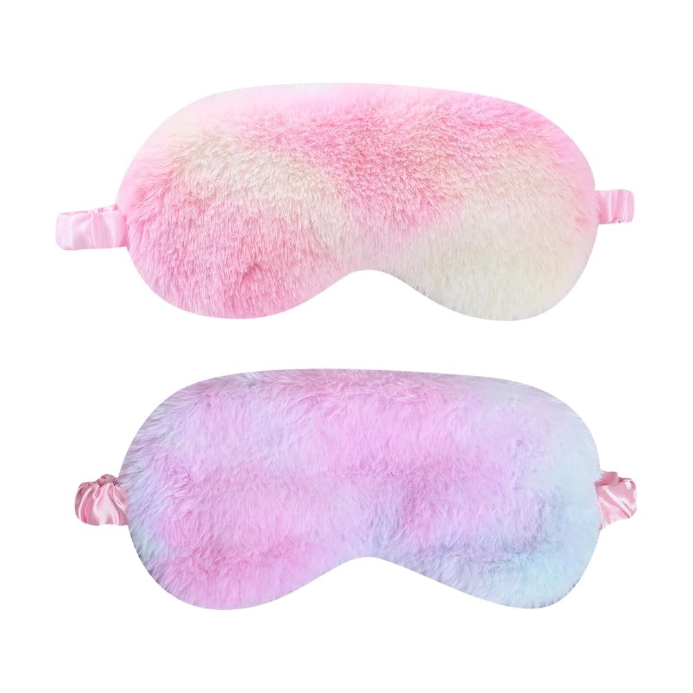 2 Pcs Soft Plush Eye Masks Fluffy Sleeping Mask Rainbow Sleep Eye Mask Travel Nap Eye Cover Night