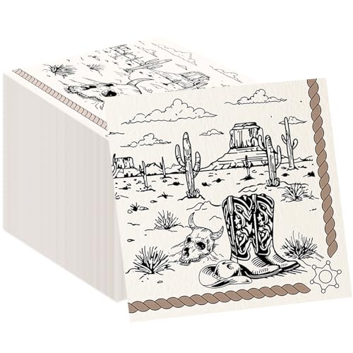 100Pcs Cowboy Paper Napkins Western Party Supplies Cowboy Cocktail Napkin Wild West Napkins Cowboy Luncheon Dinner Napkins for Camping Barn Wild West Cowboy Birthday Party Decor (Yellow)