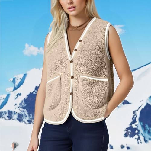 YRAETENM Fleece Vest Women Lightweight V Neck Button Down Sleeveless Fuzzy Jackets Casual Warm Sherpa Outwear with Pockets4