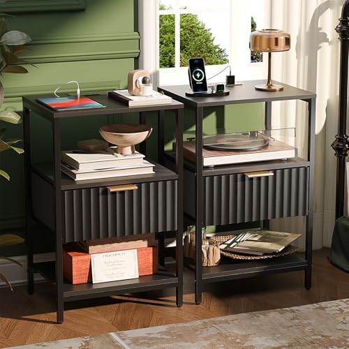Image of VINGLI Nightstands Set of 2 with Charging Station and Fabric Drawer, Fluted Nightstand /Bed Side Table /End Table for Bedroom, Black Night Stand Small, Bedside Table with Charging Station, 2 pcs