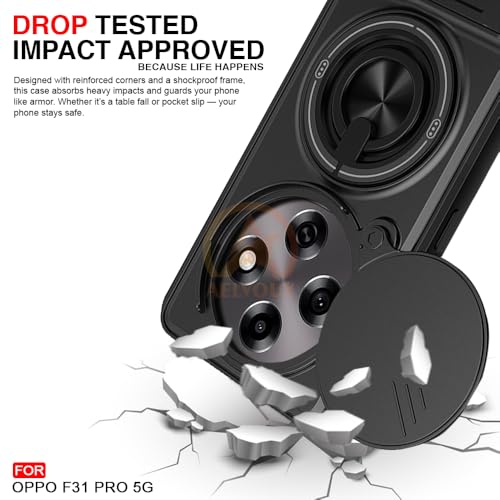 Image of Oppo F31 Pro 5G Back Cover | Armor Camera Slider 360 Degree Rotating Finger Ring Holder Case with Bracket Stand Back Case Cover (Compatible with MagSafe Accessories) (Black)