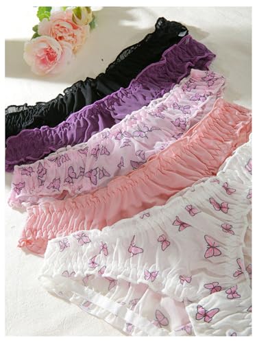 Image of GORGLITTER Women's 5pack Cute Panties Floral Print Low Rise Frilly Panties | Low Waist Underwear Set, Bow Lettuce Trim, Coquette Clothes