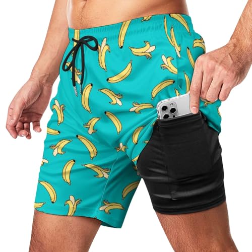 Cerburny Mens Swim Trunks with Compression Liner Men Beach Shorts Bathing Suit Quick Dry Printed Swimming Short with Pockets