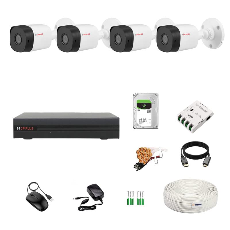 Image of CP Plus 4 Channel DVR + 2.4MP 4 Bullet Cameras with Audio Recording (Day /Night Vision) + 1TB HDD + Copper Cable Roll (1+3) + 4 CH Power Supply + BNC & DC Full Combo Kit