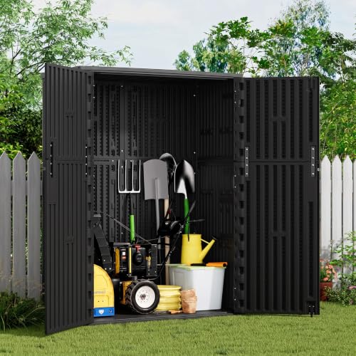 Image of KINYING Outdoor Storage Shed,57 Cu.ft Vertical Outdoor Storage Cabinet Waterproof, Outdoor Resin Tool Shed for Patio Furniture, Garden Tools, Pool Accessories, Lawn Mower(Black Color)