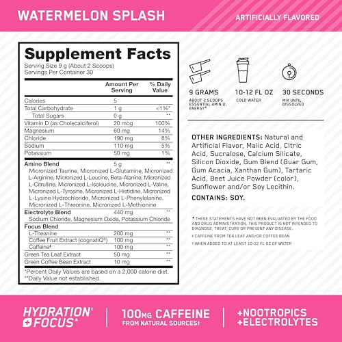 Optimum Nutrition Amino Energy Powder Plus Focus, with BCAA, Electrolytes, and Caffeine, Watermelon, 30 Servings (Packaging May Vary)