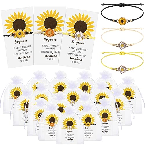 Huquary 36 Set Inspirational Gifts Bulk Sunflower Bracelets for Women Handmade Sunflower Bracelets with Thank You Cards for Friendship Women Coworker Sunshine Party Favors