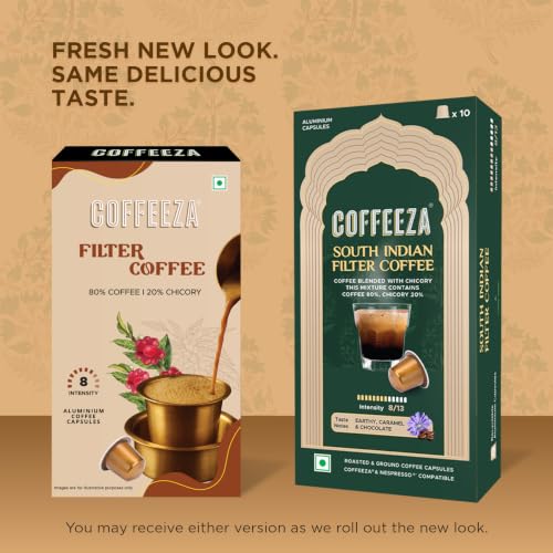Image of Coffeeza South Indian Filter Coffee Capsules | 80% Coffee 20% Chicory Blend | Intensity 8 | Medium-Dark Roast | Caramel, Chocolate & Earthy Notes | Original Line Compatible Pods (Box of 100 Capsules)