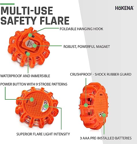 HOKENA Single LED Road Flares Emergency Lights for Vehicles - Roadside Warning Beacon Disc for Vehicle & Boat - Beacon Flashing Flare kit with Magnetic Base & Hook - Emergency Roadside Lights