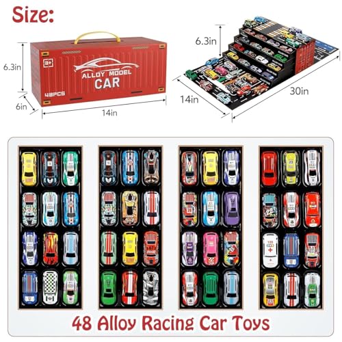 Image of 48 PCS Toy Cars Set for Kids with Storage Container Box, Pull Back Mini Racing Cars Collection, Die Cast Alloy Vehicle Toy Set for Boys and Girls Birthday Return Gifts Party Favors