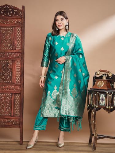 Image of VredeVogel Women's Cotton Silk Jacquard, Banarasi Silk Kurta Pant With Dupatta Set