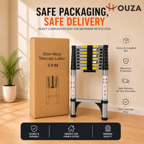 Image of HOUZA 3.9m (13 ft) Steel Telescopic Ladder | 10-Step Foldable Extension Ladder | Portable & Collapsible Ladder for Home, Industrial & Outdoor Use | EN131 Certified | 1 Year Warranty(Silver & Black)