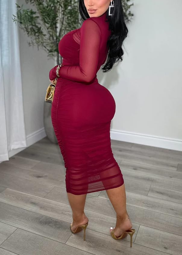 Image of MOEENCN Sexy Long Sleeve Midi Dress for Women Sheer Mesh Printed 2 Piece Skirt Set Crew Neck See Through Bodycon Party