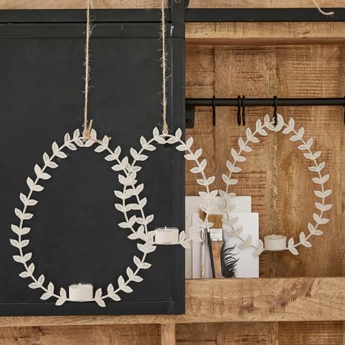 Loberon Hängewindlicht 3er Set Guelph, DREI Größen, filigraner Blätterkranz in Eiform, detailverliebt gearbeitet, Ostern, Osterdekoration, Eisen, antikweiß