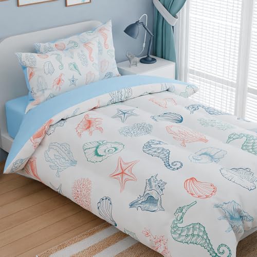 Image of Kids Bedding Set for Girls Boys, Ultra Soft Microfiber Comforter Set Full Size with 4-Pieces, Seashell Ocean Comforters Bed Sets for Kid Children Teen Tween Bedroom Decor