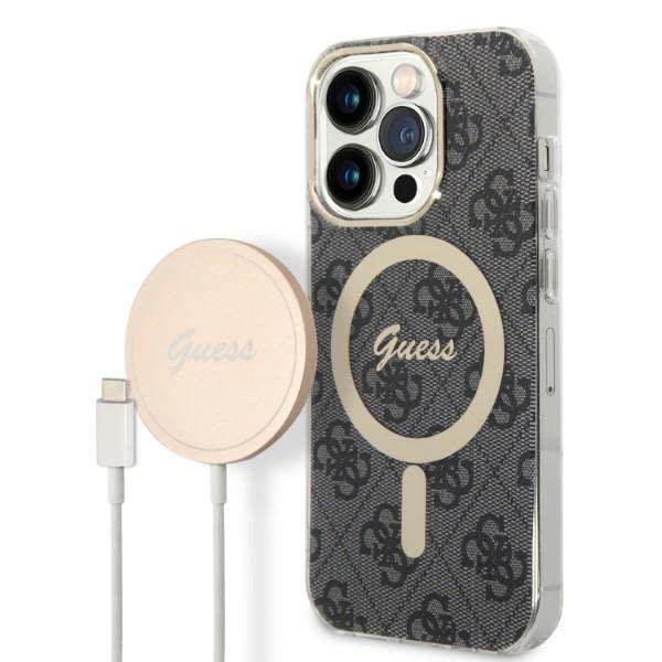 GUESS BĂĽndeln GUBPP14LH4EACSK Coque et Chargeur pour iPhone 14 Pro 6,1" Noir