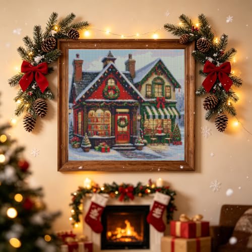 Image of Christmas House Stamped Cross Stitch Embroidery Starter Kit for Adults | 11CT Christmas Needlepoint Counted Cross-Stitch Patterns Dimensions Kit Arts and Crafts Home Decor 14x14inch