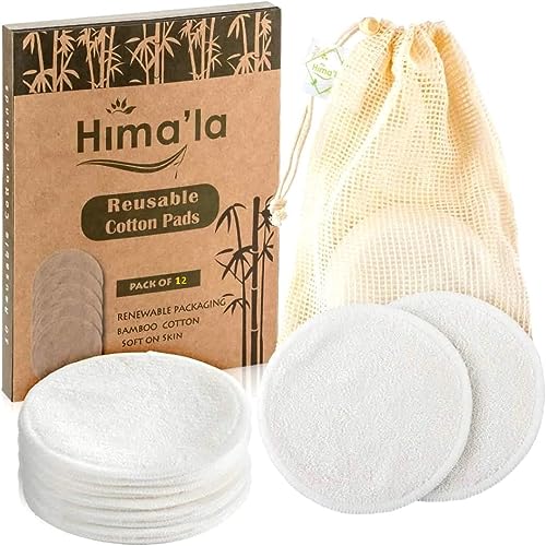 Himala 12 Pcs Reusable Makeup Remover Padswith Washable Laundry Bag | Bamboo Reusable Make Up Remover Pads - Eco Friendly Soft & Gentle Reusable Cotton Pads Makeup Remover (Pack of 12)