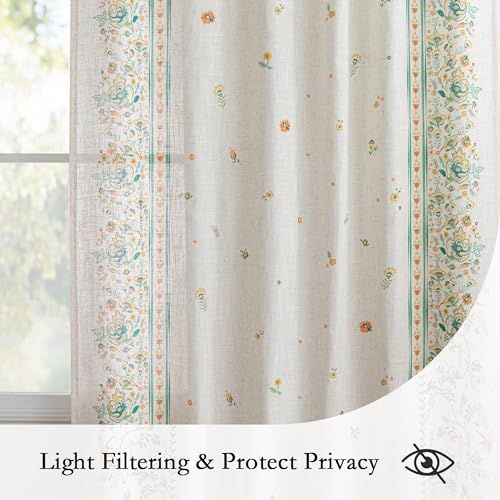 Image of MYSKY HOME Boho Floral Curtains 63 inch Linen Blend for Bedroom Kitchen Bohemian Style Farmhouse Flower Patterned Home Decor Light Filtering Back Tab Drapes, 50x63 Inch, Yellow and Blue, 2 Pcs