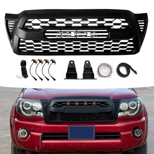 Bewild Front Bumper Upper Grille Fit For 2nd Gen 2005-2011 Toyota Tacoma Trd Pro Style Front Mesh Grille Grill Replacement Matte Black (With LED Lights)