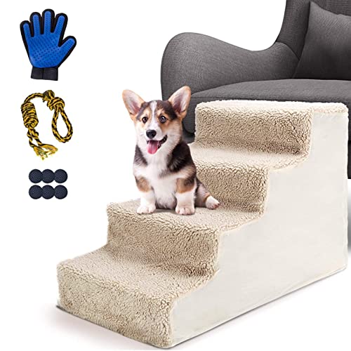 The Best Dog Stairs For Bed 11 Kphico Plastic Dog Stairs,4 Steps Non-Slip Wide Pet Stairs,Dog Ramp/Ladder Best for Older Dogs&Cats Joint Pain Climbing Couch and Bed,Removable and Washable Cover-Send 1 Pet Gloves & Dog Rope Ball