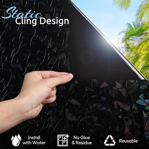 Image of rabbitgoo Rainbow Window Privacy Film, Stained Cling, Black, 23.6 inch x 118.1 inch | Decorative Static Sticker, Non-Adhesive Reusable Window Tint, Heat Control UV Blocking Coverings for Home Doors, Living Room