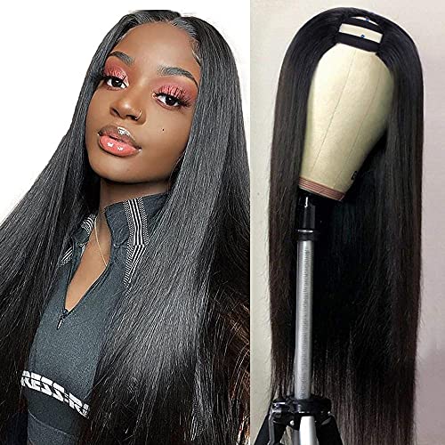 Nvnvdij U Part Wigs Straight Brazilian Virgin Human Hair 2''x 4'' U Shape Glueless Wigs 150% Density Natural Black With Straps Combs For Black Women(20inch ,Straight Wig)
