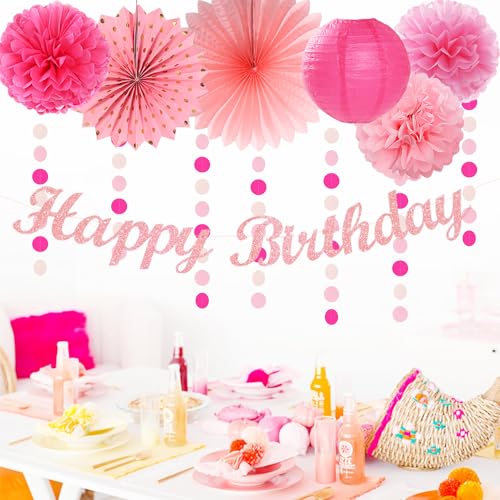 Image of Light Hot Pink Birthday Party-Decorations - 21pcs Girl Happy Banner,Paper Lanterns Honeycomb,Tissue Pom Poms Flower Fan,Hanging Streamers Garland,18th 21st 30th Women Birthday Decor Supplies Huglony