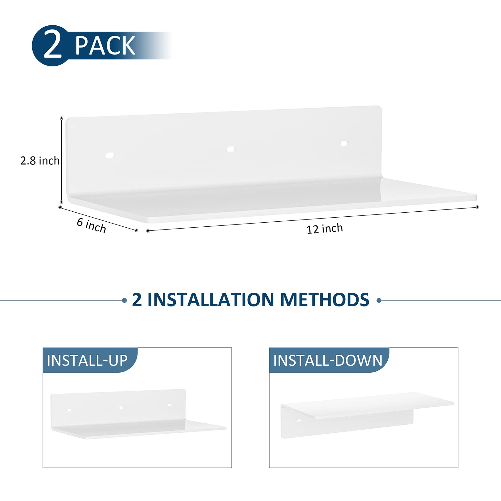 Sezanrpt 12 Inches White Acrylic Wall Shelves Set of 2, White Floating Shelf - Image 2